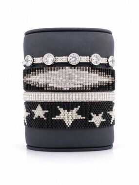 Handmade Black & Silver Beaded Bracelet Stack | Adjustable Luxury Seed Bead